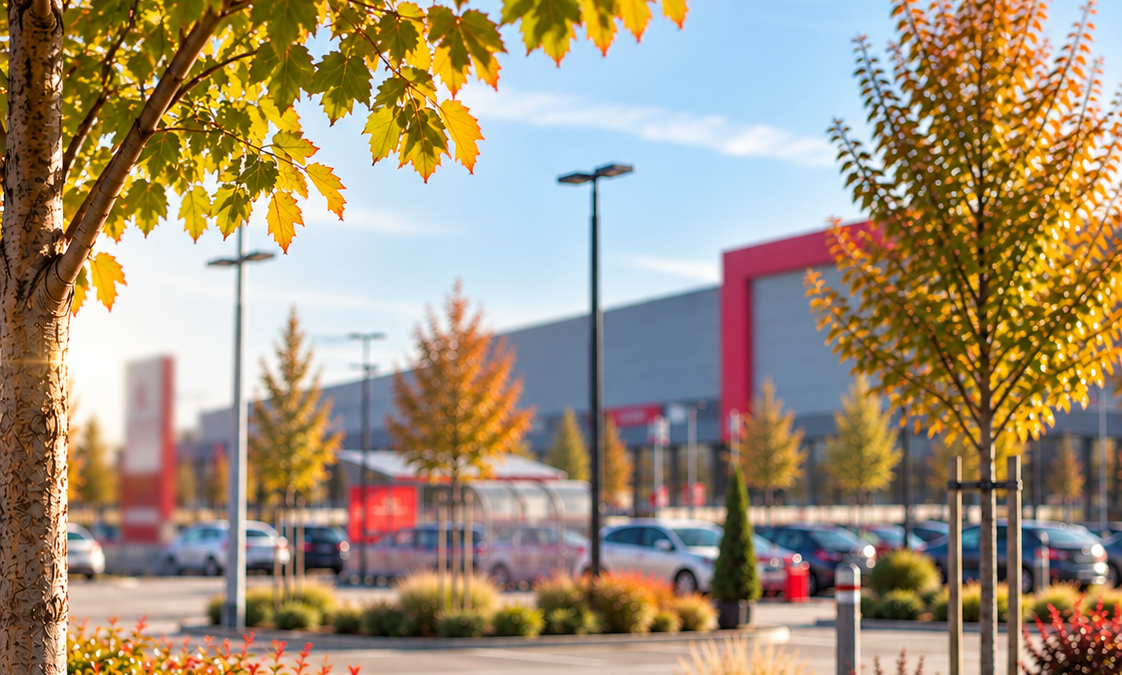 Spatiu verde intretinut profesional intr-o parcare comerciala: arbori, arbusti si ierburi ornamentale ingrijite, rezultatul unui program de mentenanta planificat.
